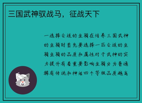 三国武神驭战马，征战天下