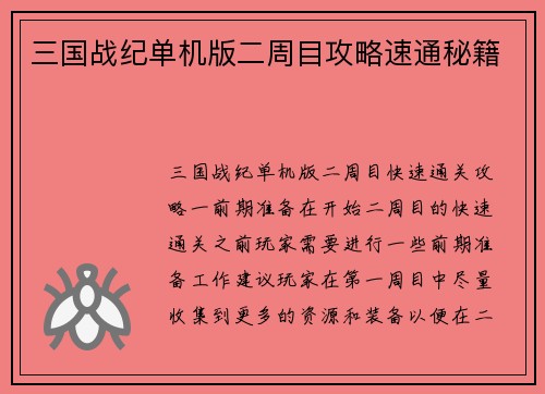 三国战纪单机版二周目攻略速通秘籍